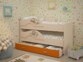 Кровать выкатная Радуга-Сафари детская 1600 Млечный дуб/Оранжевый в Берёзовке - beryozovka.katalogmebeli.com | фото